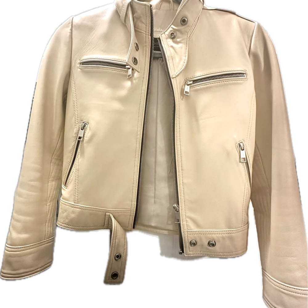 Cream Leather Moto Jacket with Cropped Design